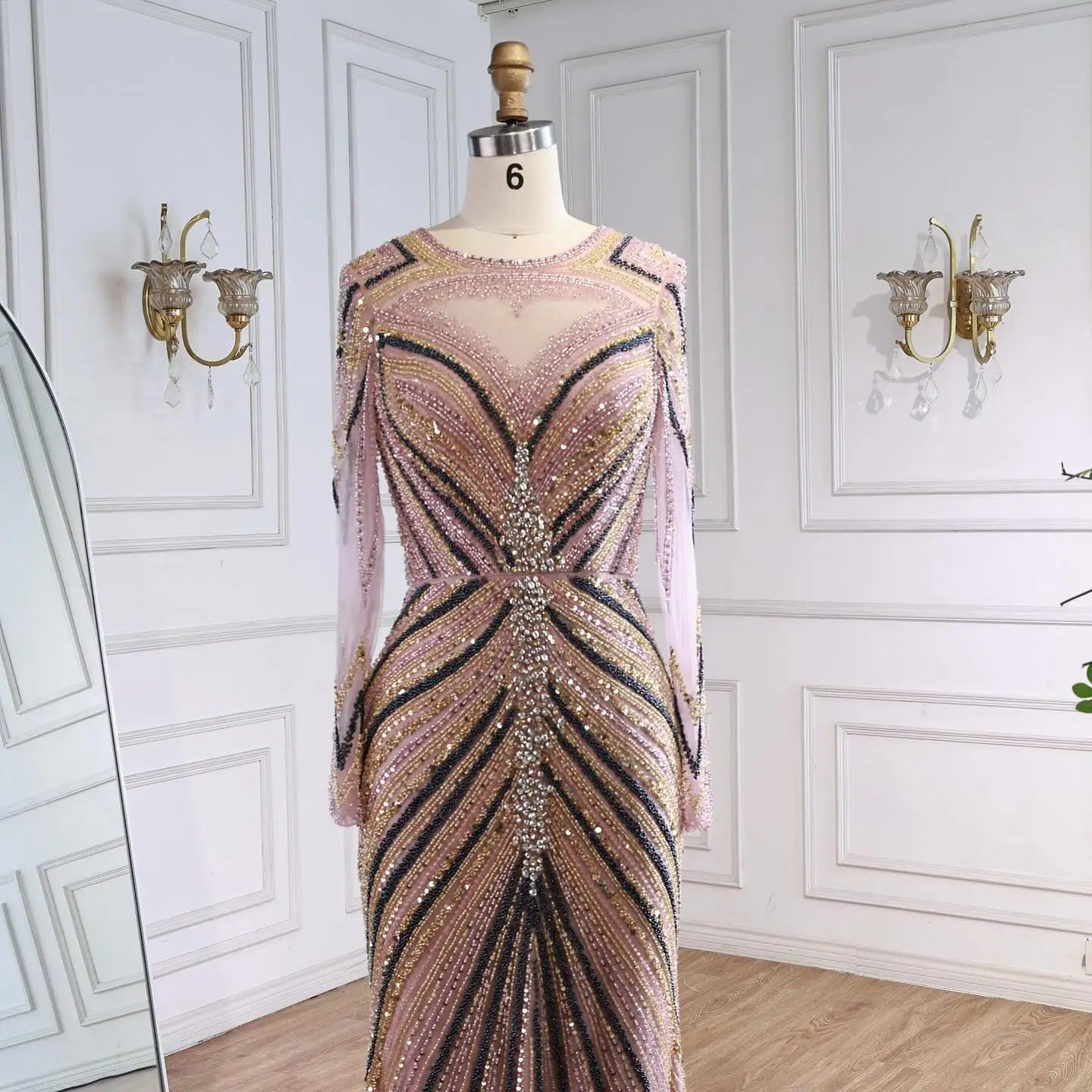 Luxury Pink Modest Dubai Mermaid  Evening  Dress  Long Sleeevs 2026 LA73213