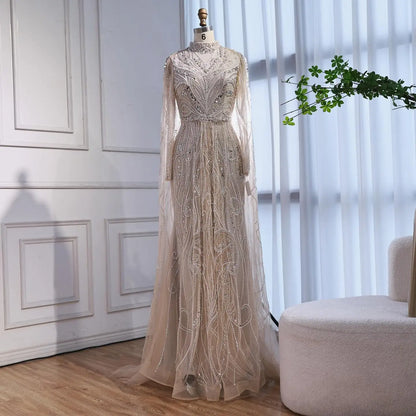 Luxury Sliver Hijab Modest Muslim Beaded Evening Dress LA73215