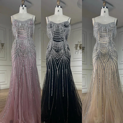 Luxury Dubai  Silver Nude Spaghetti Strap Mermaid Evening Dress Gown with Luxury Beaded Tassels for Formal Occasion LA72772