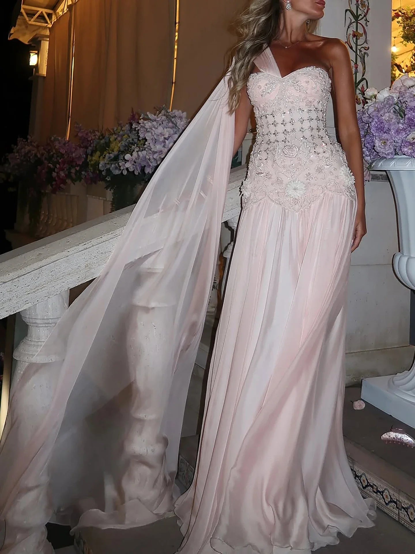 Luxury Pink Arabic Floral Evening Dress With Cape LA73451