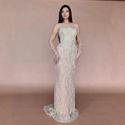 Luxury Nude Strapless Pearl Beaded Mermaid Evening Gown with Gloves LA72345C