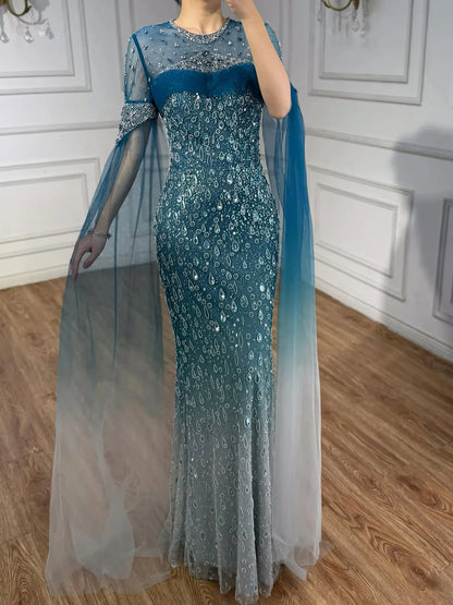 Luxury Arabic Gradient Green Mermaid Evening Dress With Cape LA73414