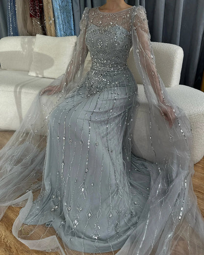 Luxury Designer Blue Beaded Stone Arabic Evening Dress With Cape Sleeve  LA72635