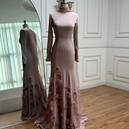 Luxury Pink 3D Flower Evening Dress  Long Sleeves LA72954