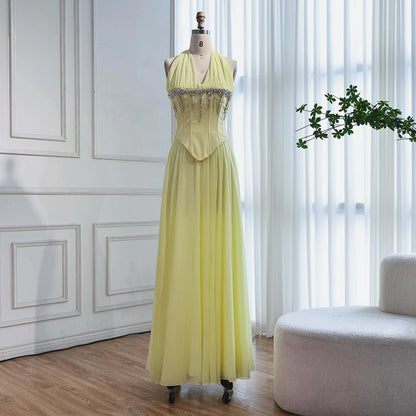 Luxury Designer Sage Green Chiffon Halter Beaded   Evening Dress LA73074