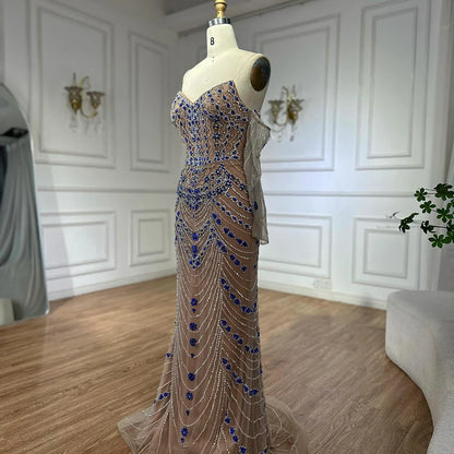 Luxury Blue Beaded Mermaid Evening Dress LA72858