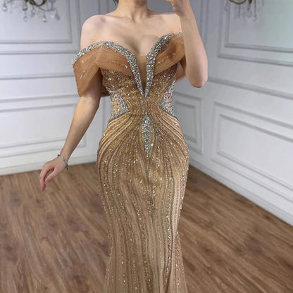 Luxury Saudi Arabic Gold Luxury Crystal Beaded Mermaid Evening Dress LA73142A