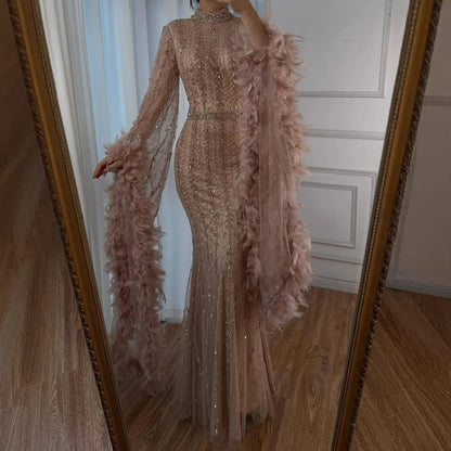 Elegant Rose Gold Evening Dress Featuring Feathered Cape Sleeves LA72947