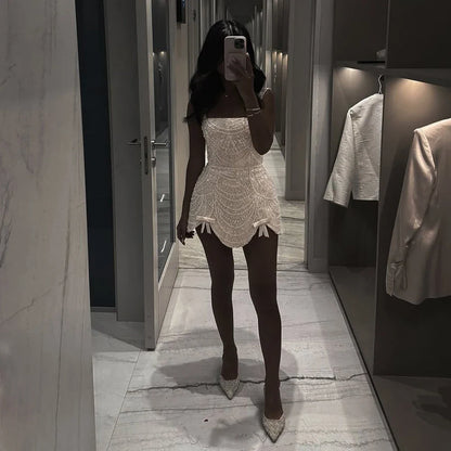 Luxury Nude Pearl Beaded A-Line Mini Evening Dress LA73211