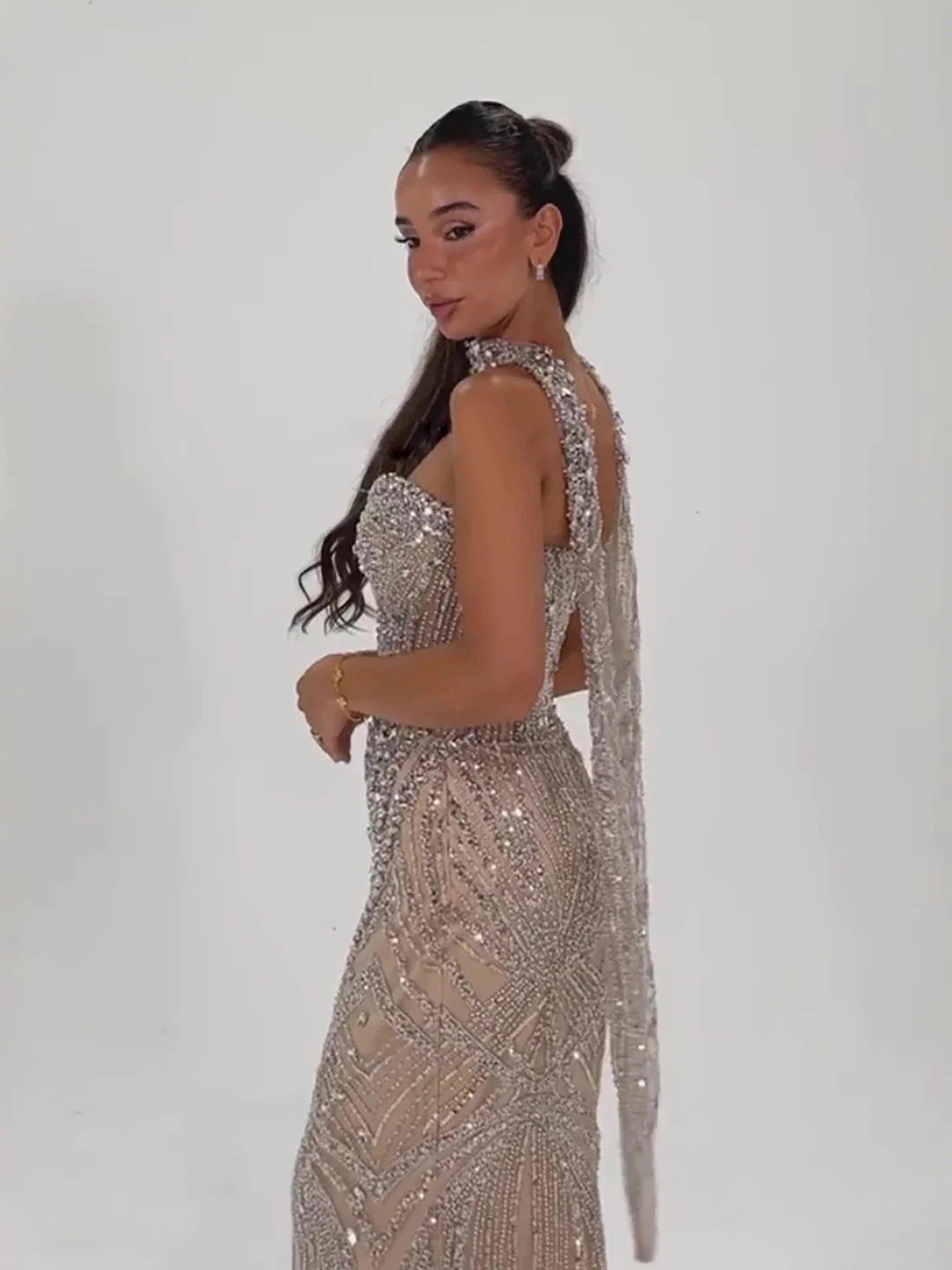 Luxury Nude Crystal Beaded Mermaid Evening Dress LA73375