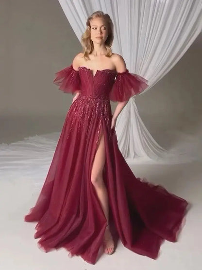 Wine Red A-Line High Slit Evening Gown with Detachable Short Sleeves LA72938