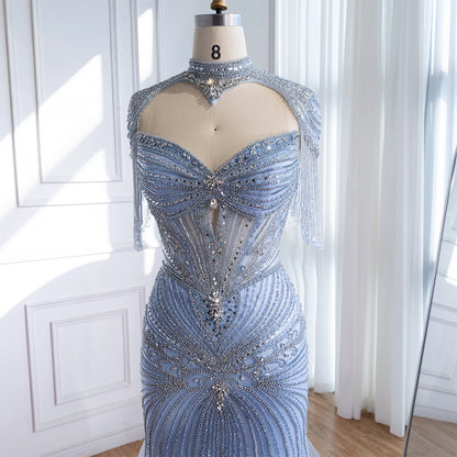 Luxury Dubai Beaded Blue Pink Evening Dress with Tassel Cape LA72897A