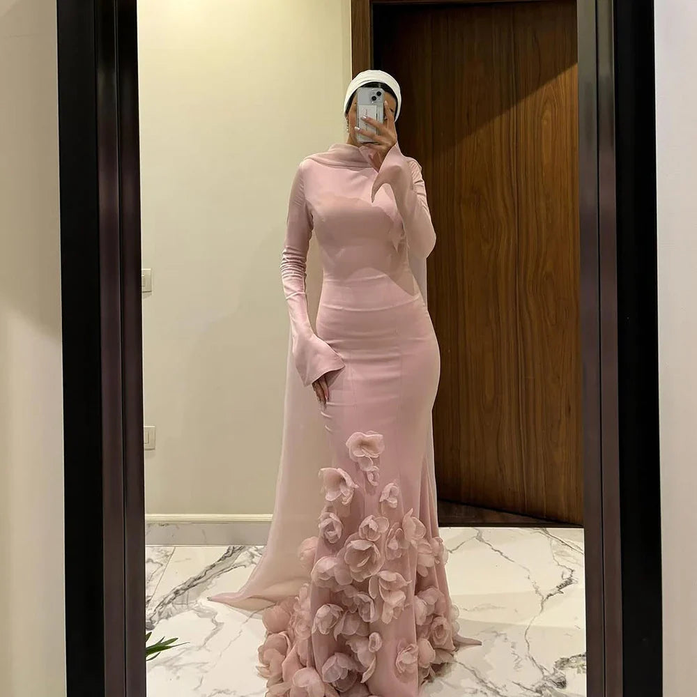 Luxury Pink 3D Flower Evening Dress  Long Sleeves LA72954