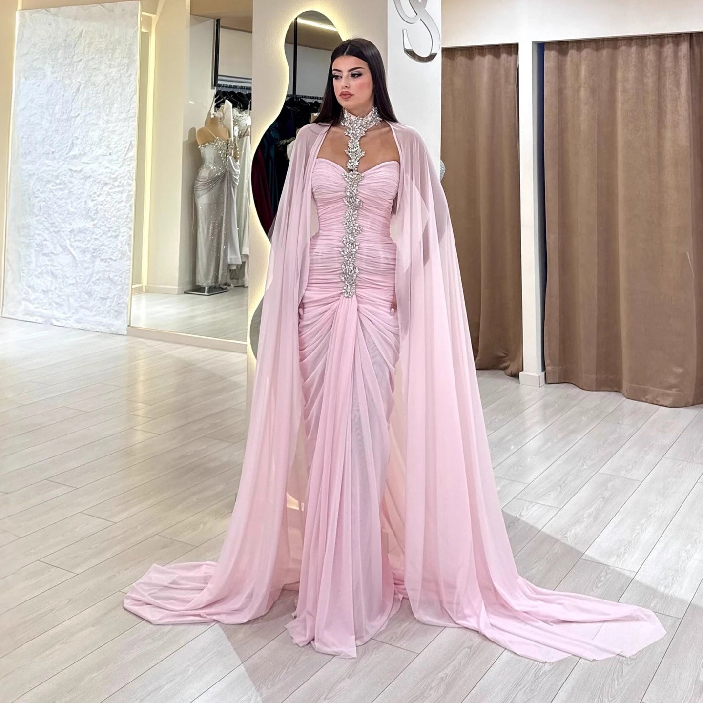 Luxury Pink Halter Crystal Beaded Evening Dress with Cape LA73374