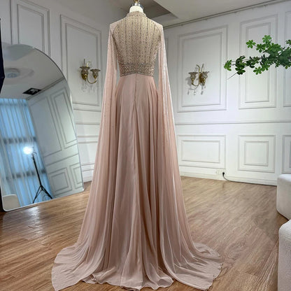 Luxury Caramel Chiffon Beaded Evening Dress with Cape LA73144