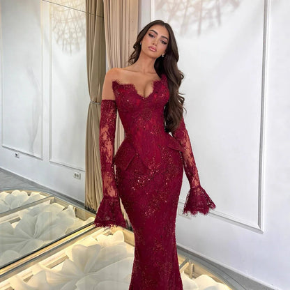 Luxury Wine Red Lace Beaded Mermaid Evening Dress LA73341