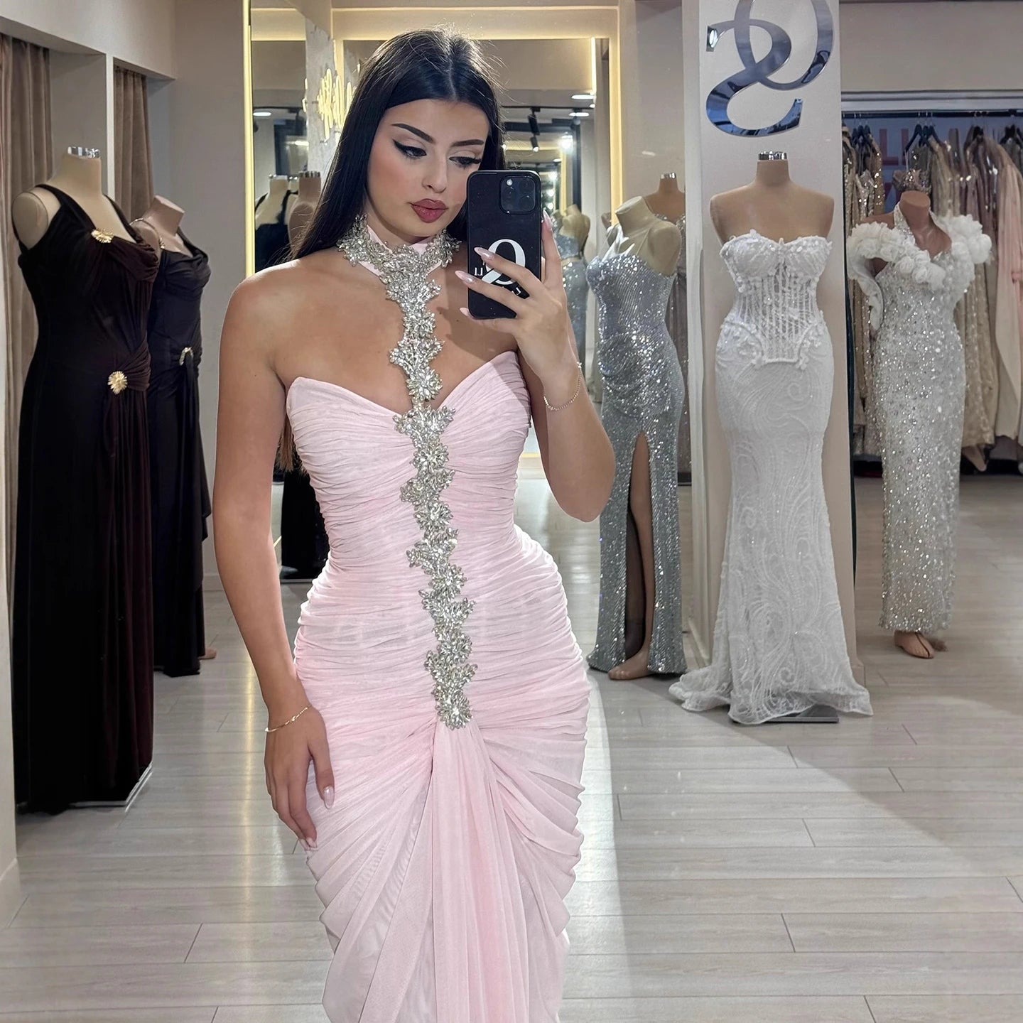 Luxury Pink Halter Crystal Beaded Evening Dress with Cape LA73374