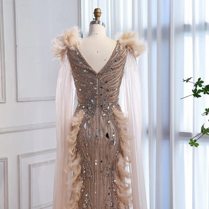 Luxury Caramel Feather Mirror Beaded Mermaid Evening Dress With Cape LA73328