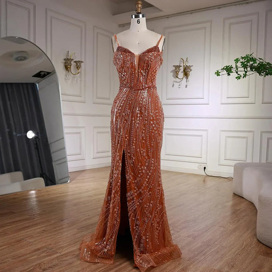 Orange Beaded Evening Dress with Slit Spaghetti Straps LA72542