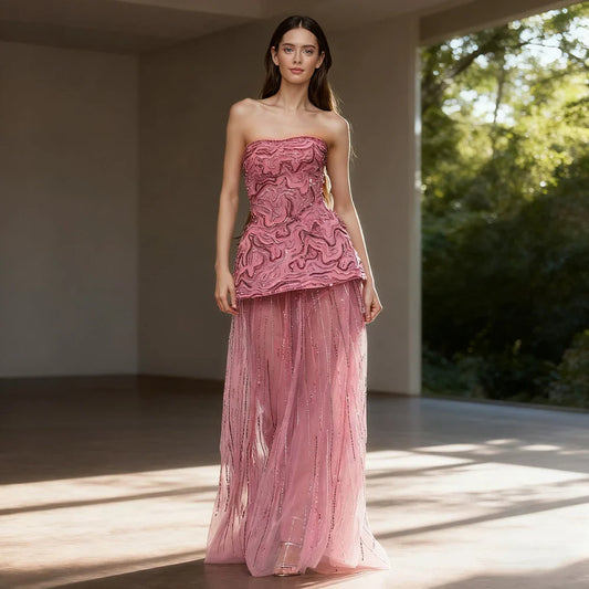 Luxury Pink Two Piece Crystal Sequin Evening Gown LA73207