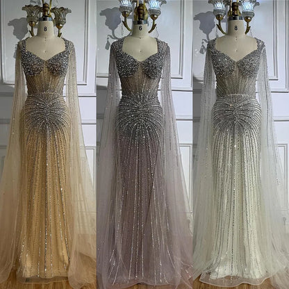 Luxury Nude Beaded Evening Dress with Cape Sleeves LA72575C