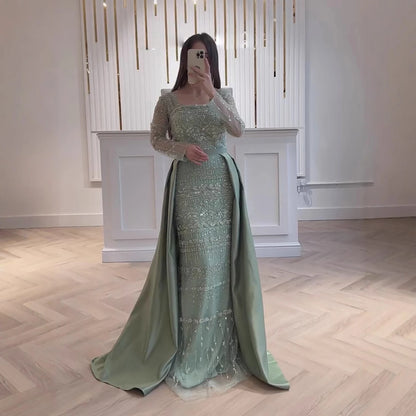 Luxury Dubai Arabic  Sage Green Mermaid Evening Dress Gowns  for  Party LA72126A