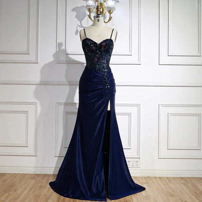 Classy Navy Satin Prom Dress with Lace Beaded and Slit LA73003