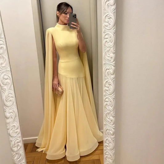 Luxury Yellow High Neck A-Line Evening Dress with Cape Sleeves LA73097