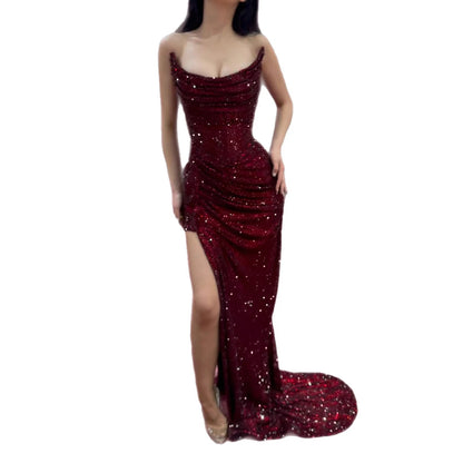Luxury Evening Dress Wine Red Beaded High Slit Draped Mermaid Gown LA73390