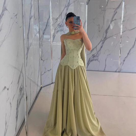 Classy Sage Green Strapless A-Line Chiffon Evening Dress LA73073