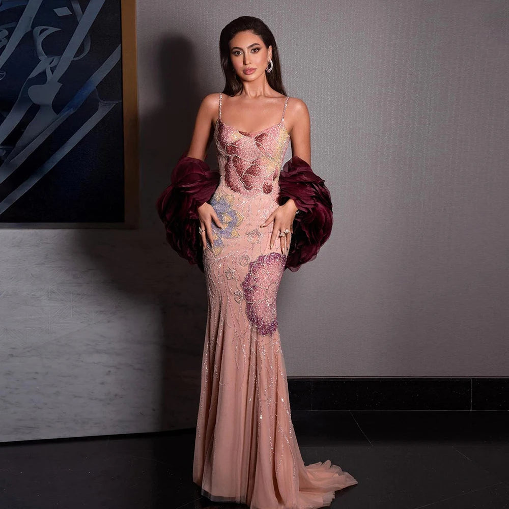 Luxury Designer Dreamy Pink Evening Dress With Cape Sleeves LA72850