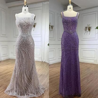 Luxury White Nude Pearl Beaded Mermaid Evening Dress LA72266