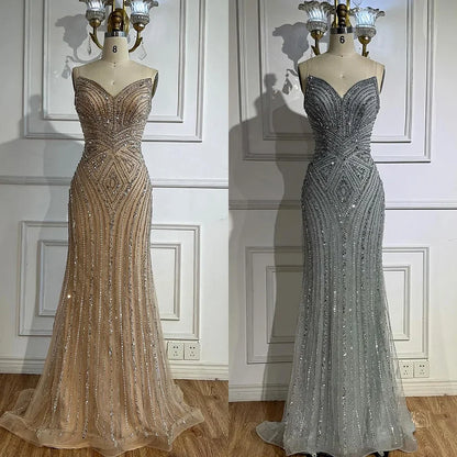 Luxury Nude V Neck Beaded Mermaid Evening Dress Sleeveless LA72981