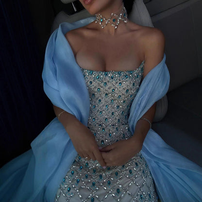 Luxury Blue Diamond Evening Dress with Cape Gown for Wedding Party LA73226
