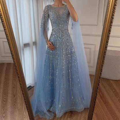 Luxury Blue A-Line Evening Dress with Beaded Cape Sleeves LA72666
