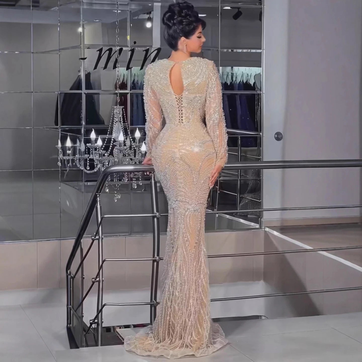 Luxury Nude Crystal Beaded Long Sleeve Mermaid Evening Dress LA73412
