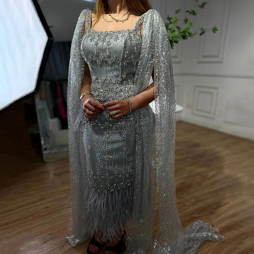 Bling Gray Mermaid Feather Arabic Midi  Evening Dress with Cape LA72334