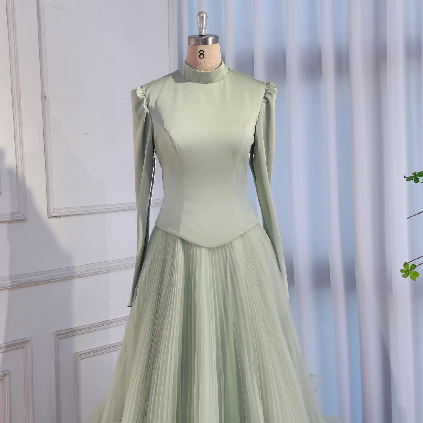 Luxury Sage Green Modest Muslim 3D Flower A-Line Evening Dress LA72913B