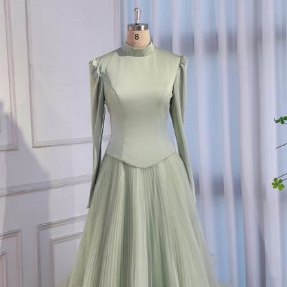 Luxury Sage Green Modest Muslim 3D Flower A-Line Evening Dress LA72913B