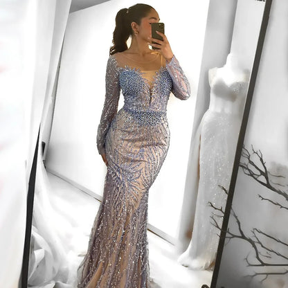 Luxury Dubai White Nude Mermaid Evening Dress With  Long Sleeve LA72634
