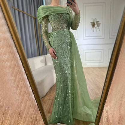 Luxury Olive Green Beaded Mermaid Evening Dress with Crystal LA72396
