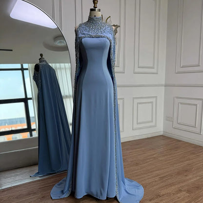 Elegant High Neck Evening Dress with Crystals and Long Cape LA73068