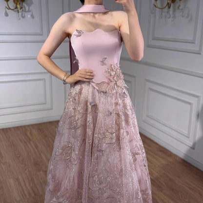 فستان سهرة فاخر وردي اللون مكون من قطعتين بتصميم A-Line مع كاب LA73415