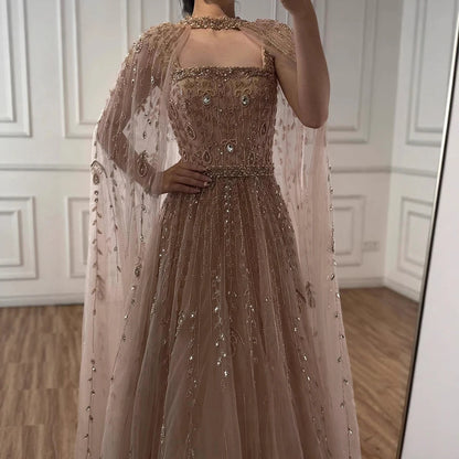 Nude Square Neck Beaded A-Line Evening Dress LA72835