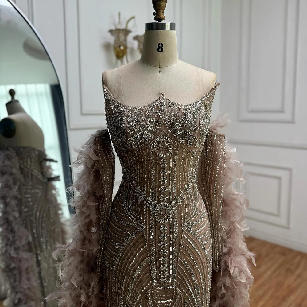 Luxury Caramel Beaded Evening Dress with Feather Sleeves LA73055