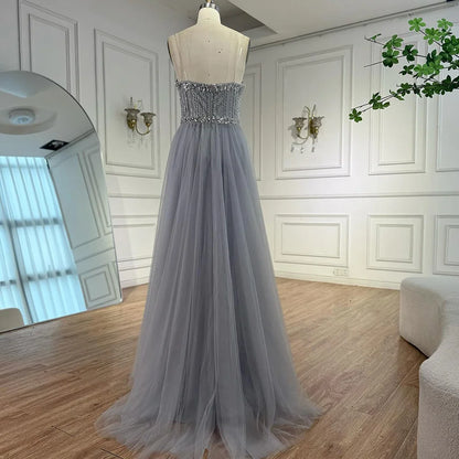Luxury Gray Beaded Evening Dress with Overskirt LA73129