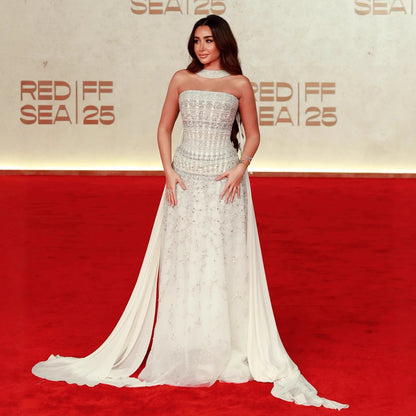 Luxury White Crystal Beaded Strapless Cape Evening Dress LA73334