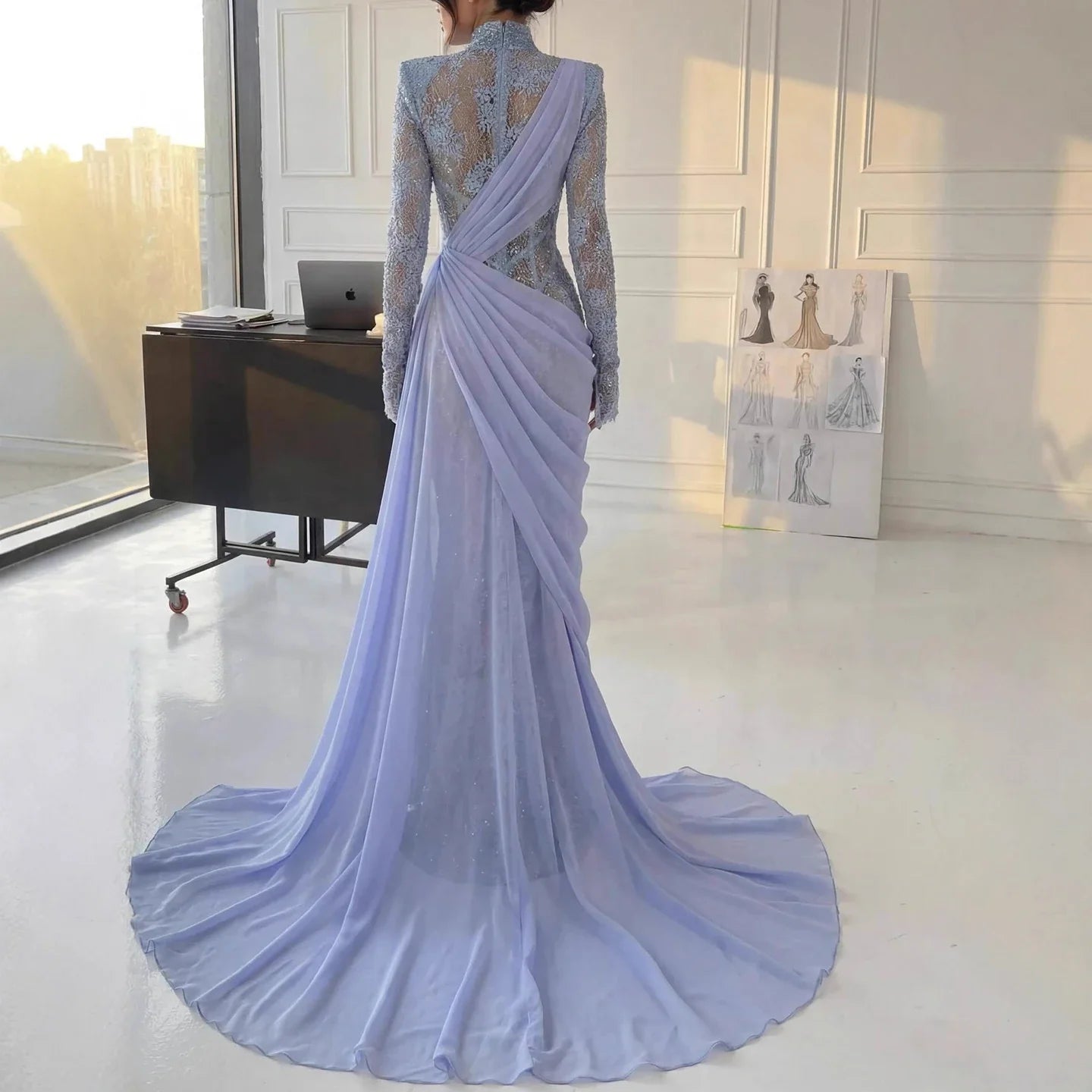 Luxury Blue High Neck Long Sleeves Beaded Mermaid Evening Dress LA73407