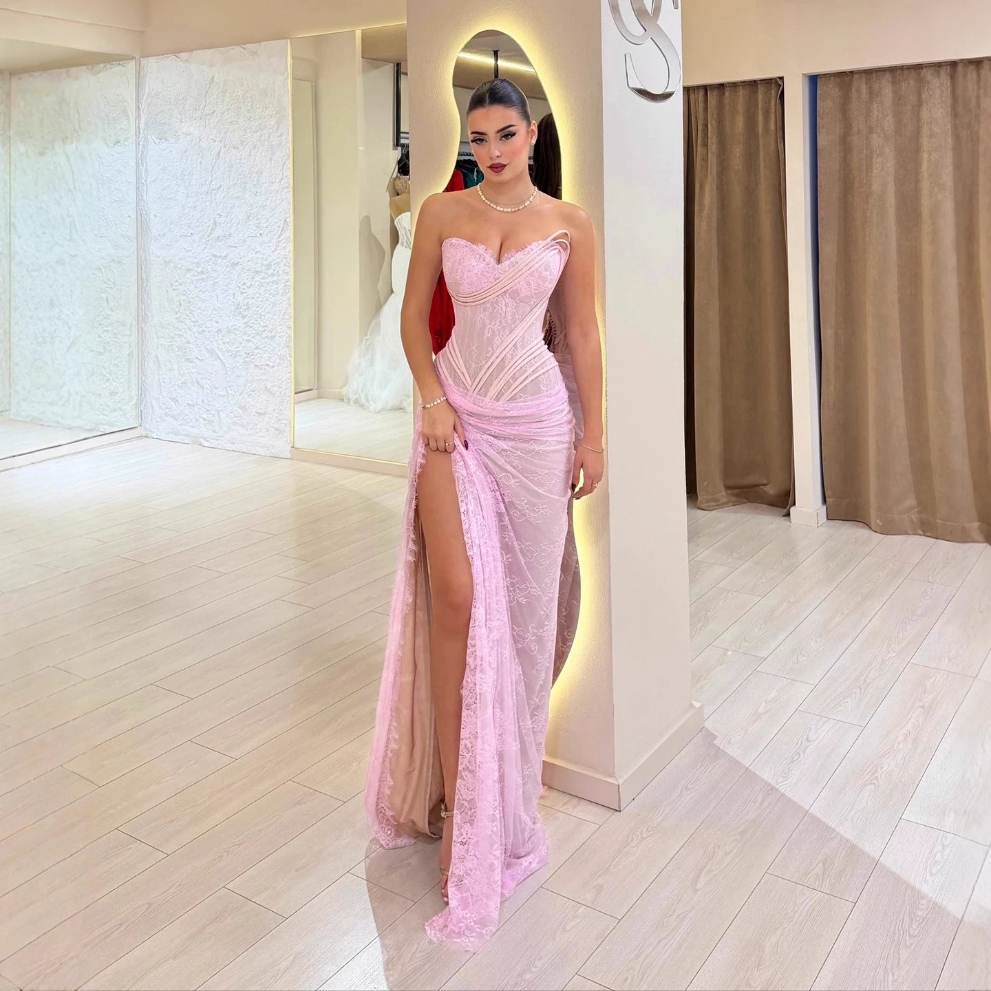 Luxury Pink Saudi Arabic Lace Embroidery Evening Dress LA73373