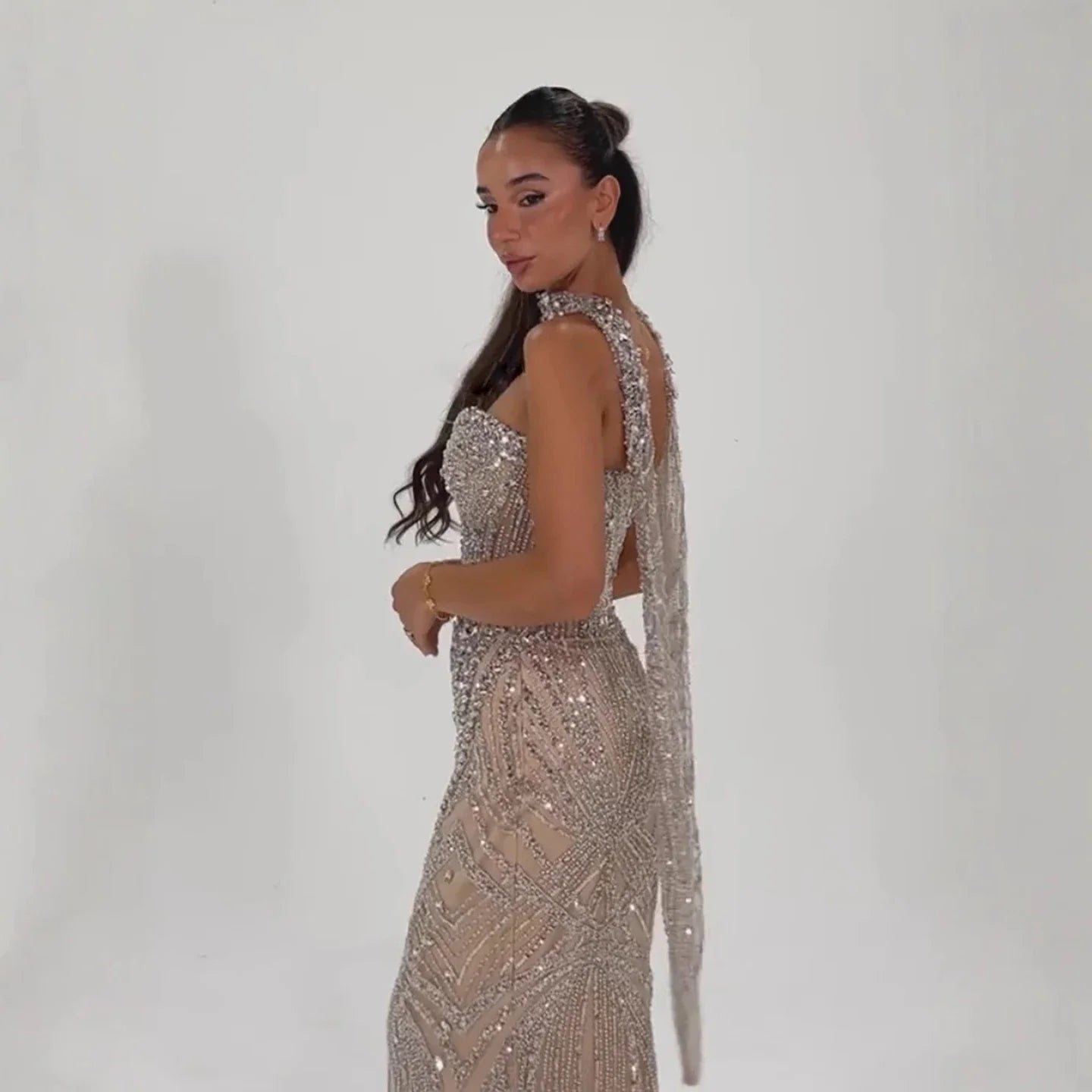 Luxury Nude Crystal Beaded Mermaid Evening Dress LA73375